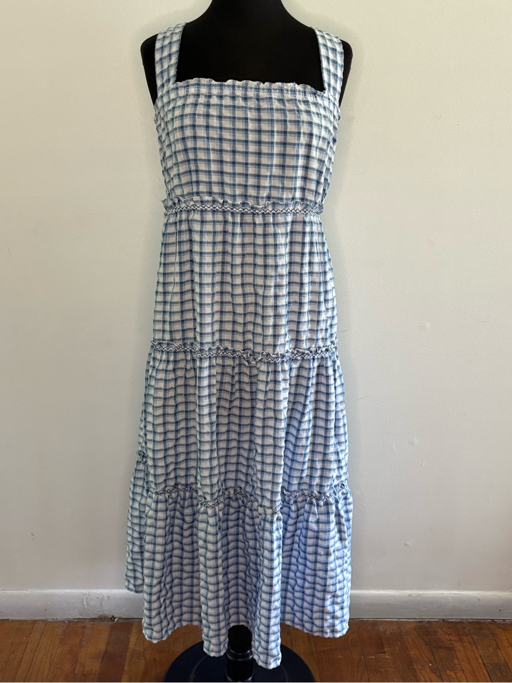 Max Studio Blue and White Plaid Tiered Maxi Dress M